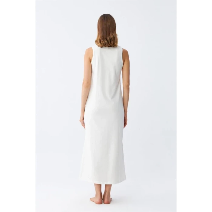 Giyim Kadın Kalın Askılı Penye Uzun Ekru Gecelik