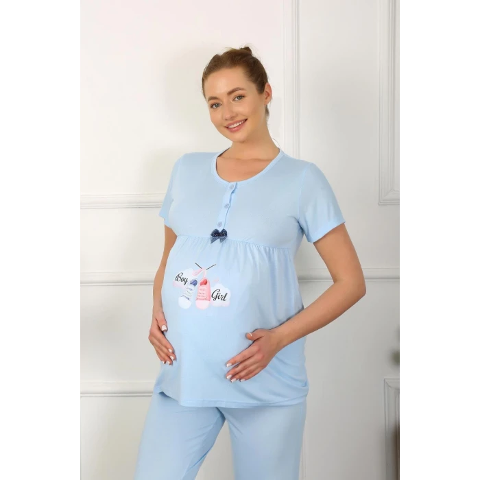 Giyim Kadın Kısa Kol Hamile Lohusa Pijama Takımı Mavi