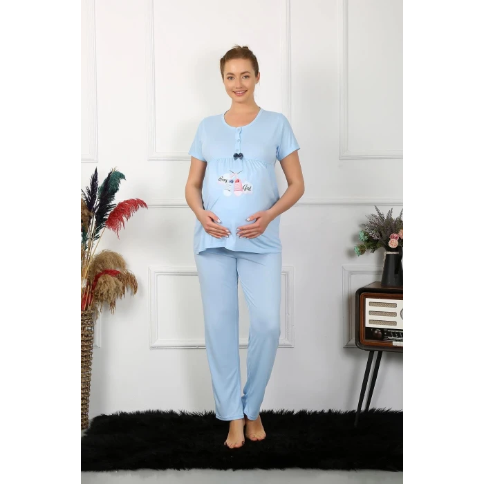 Giyim Kadın Kısa Kol Hamile Lohusa Pijama Takımı Mavi