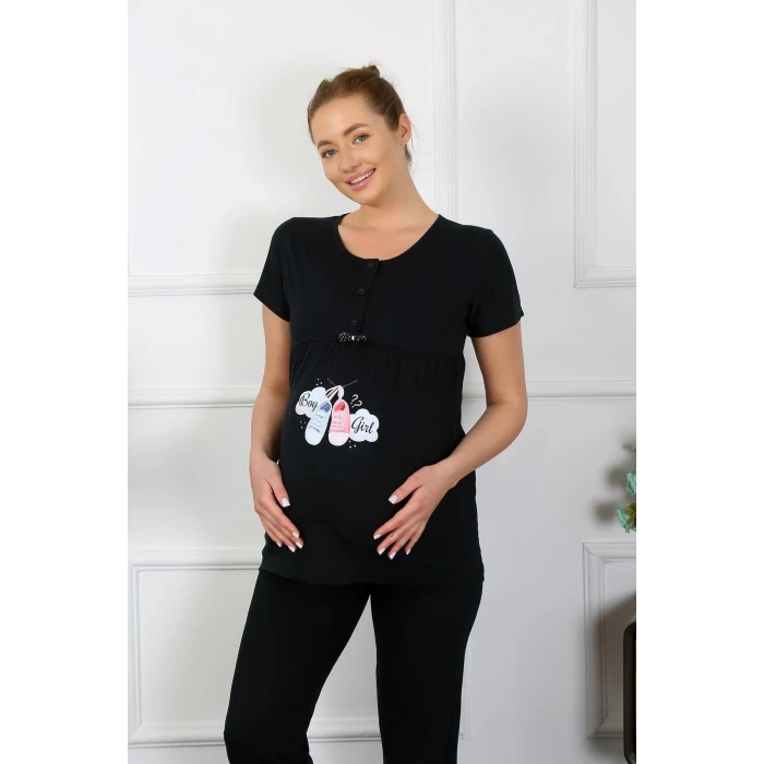 Giyim Kadın Kısa Kol Hamile Lohusa Pijama Takımı Siyah