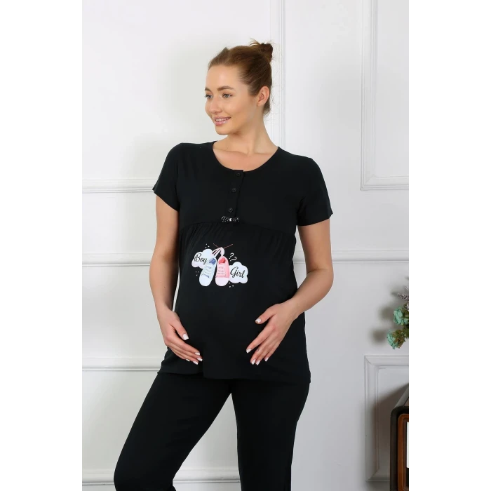 Giyim Kadın Kısa Kol Hamile Lohusa Pijama Takımı Siyah