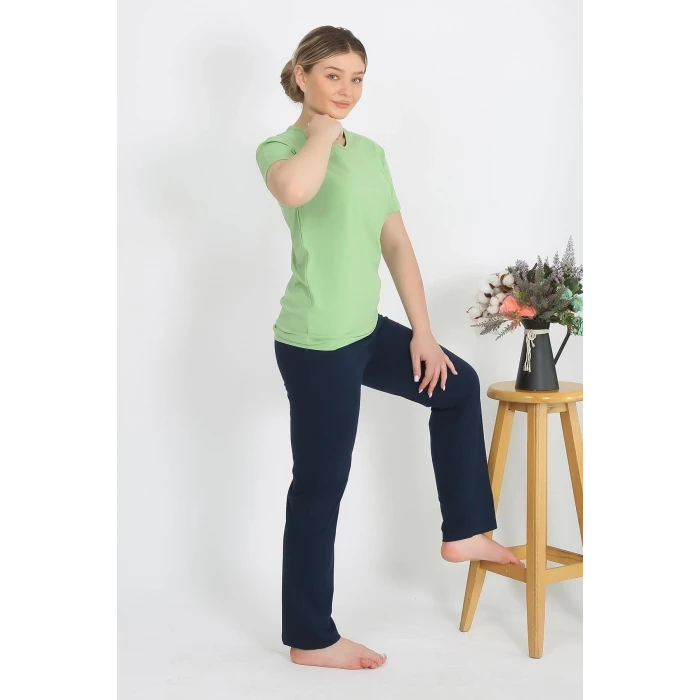 Giyim Kadın Kısa Kol Pamuk Penye Pijama Takım Fıstık Yeşili