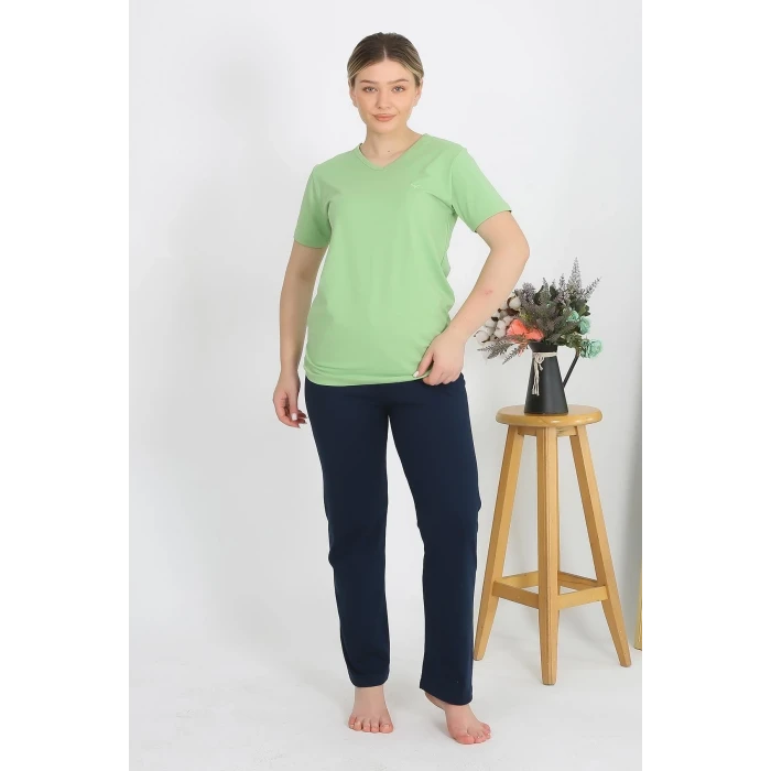 Giyim Kadın Kısa Kol Pamuk Penye Pijama Takım Fıstık Yeşili