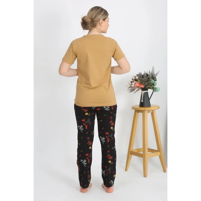 Giyim Kadın Kısa Kol Pamuk Penye Pijama Takım Hardal