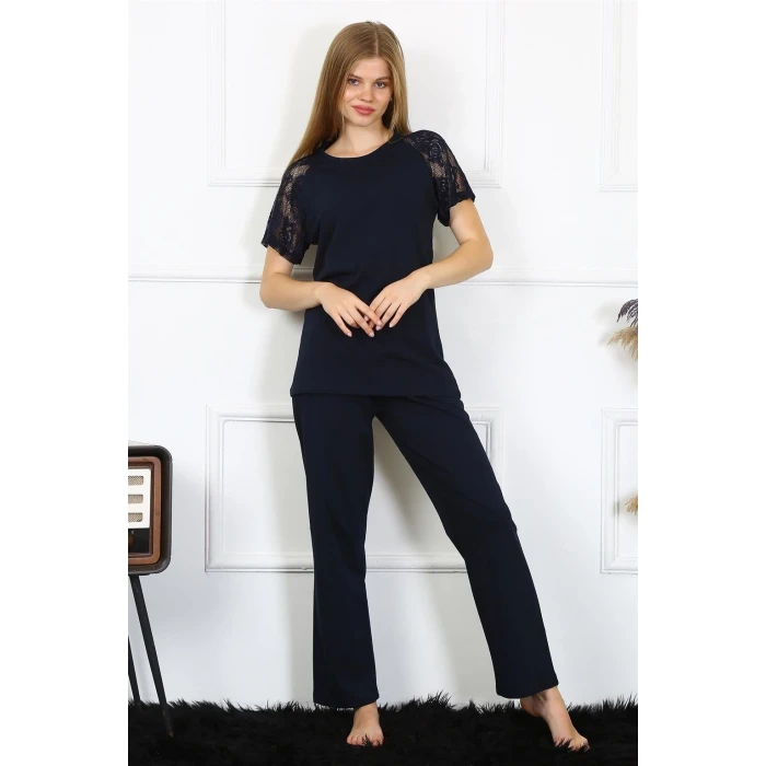 Giyim Kadın Kolu Dantelli Penye Pijama Takım Lacivert