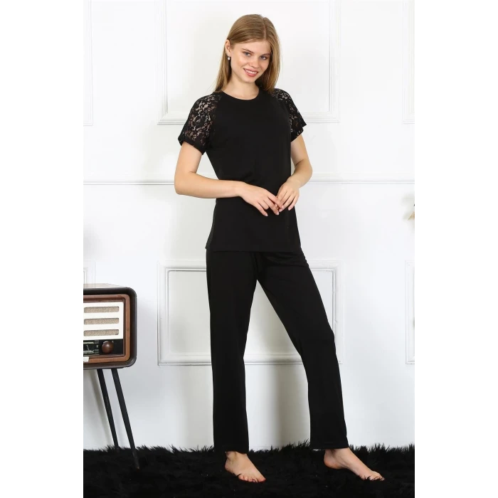 Giyim Kadın Kolu Dantelli Penye Pijama Takım Siyah