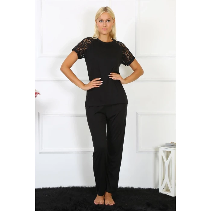 Giyim Kadın Kolu Dantelli Penye Pijama Takım Siyah