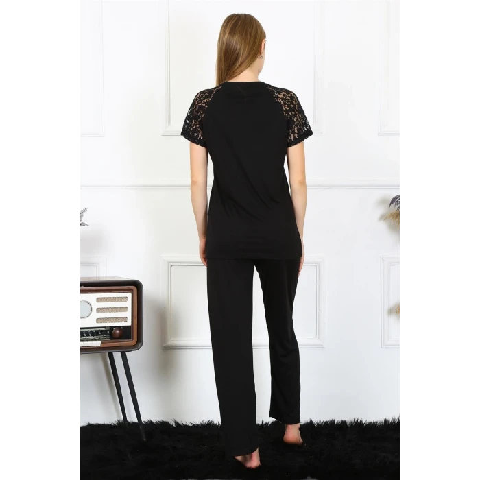 Giyim Kadın Kolu Dantelli Penye Pijama Takım Siyah