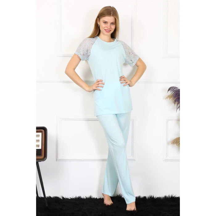 Giyim Kadın Kolu Dantelli Penye Pijama Takım Su Yeşili