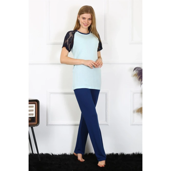 Giyim Kadın Kolu Dantelli Penye Pijama Takım Su Yeşili