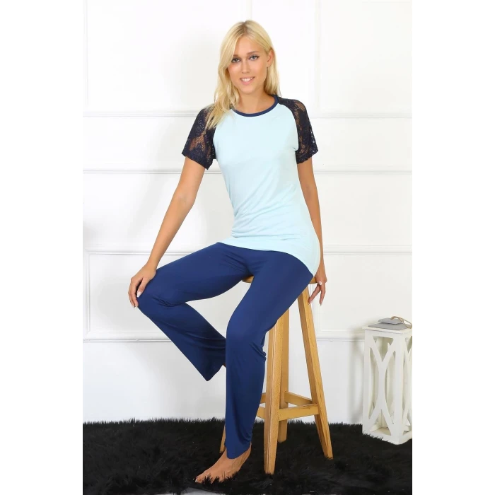 Giyim Kadın Kolu Dantelli Penye Pijama Takım Su Yeşili