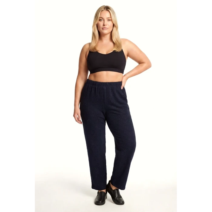 Giyim Kadın Lacivert Dokulu Büyük Beden Cepli Pijama Altı Rahat Kesim Esnek Bel Günlük Ev Giyim Alt