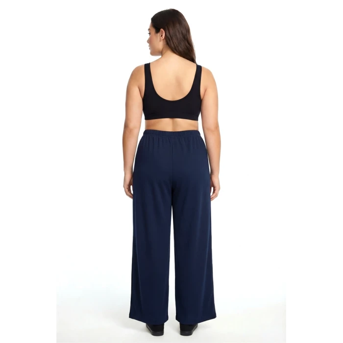 Giyim Kadın Lacivert Dokulu Büyük Beden Cepli Pijama Altı Rahat Kesim Esnek Bel Günlük Ev Giyim Alt