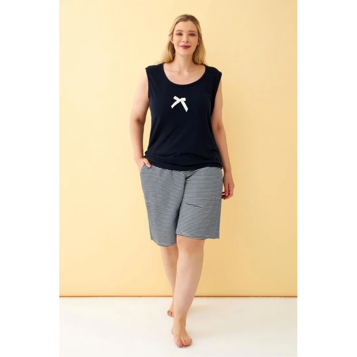 Giyim Kadın Lacivert Kurdele Detaylı Şortlu Büyük Beden Pijama Takımı