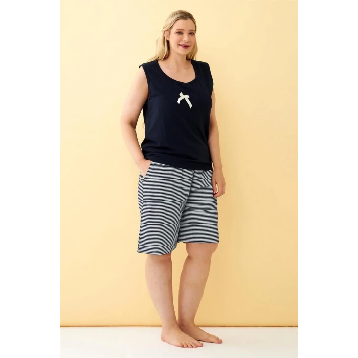 Giyim Kadın Lacivert Kurdele Detaylı Şortlu Büyük Beden Pijama Takımı