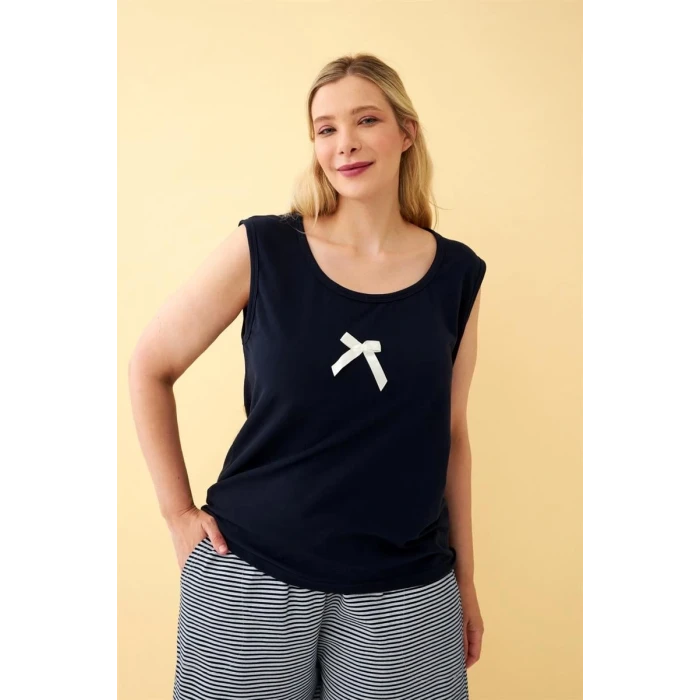 Giyim Kadın Lacivert Kurdele Detaylı Şortlu Büyük Beden Pijama Takımı