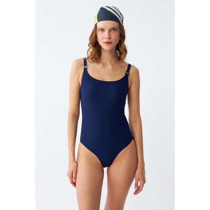 Giyim Kadın Lacivert Metal Aksesuarlı İnce Askılı Tek Parça Mayo