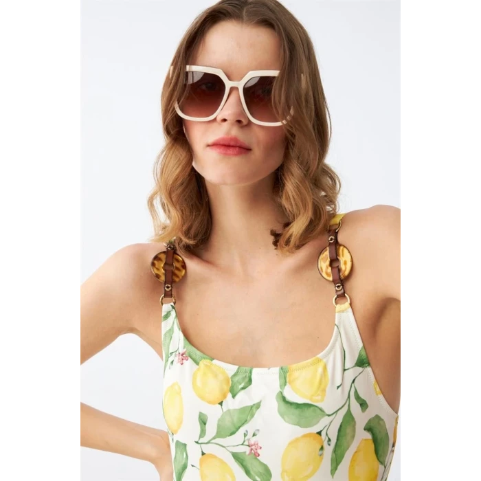 Giyim Kadın Limon Desenli Aksesuar Askılı Tek Parça Mayo – Ekru