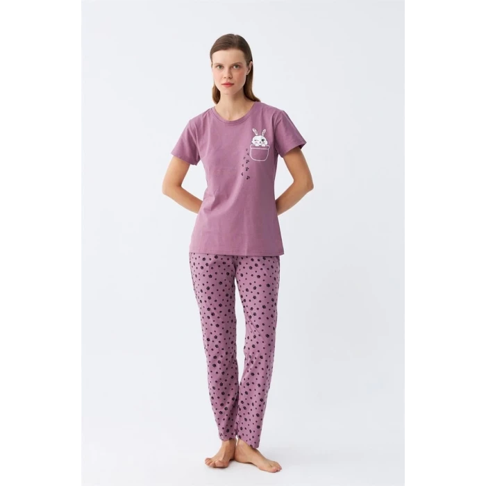 Giyim Kadın Mor Patili Tavşan Baskılı Cepli Pijama Takımı