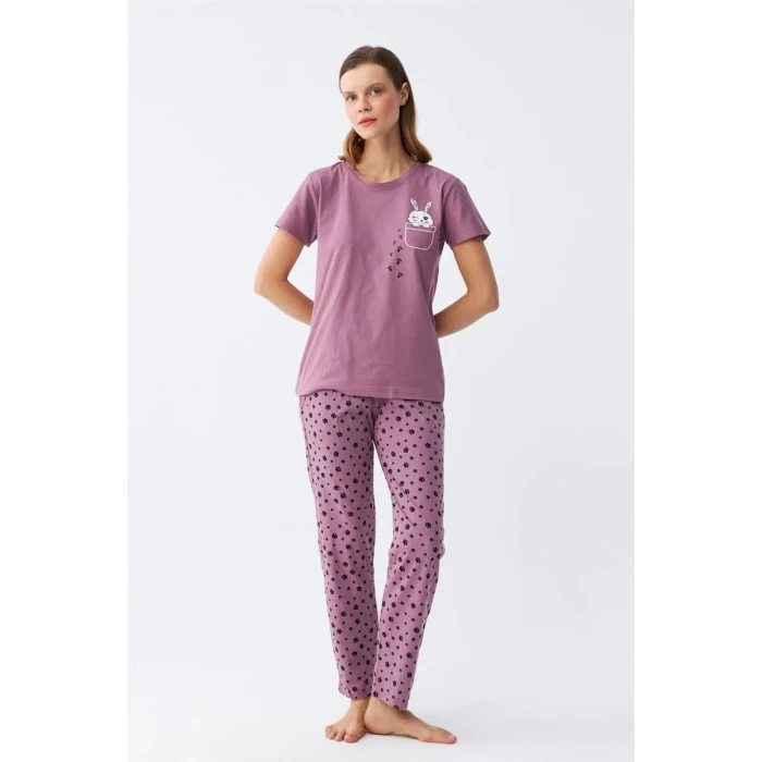 Giyim Kadın Mor Patili Tavşan Baskılı Cepli Pijama Takımı