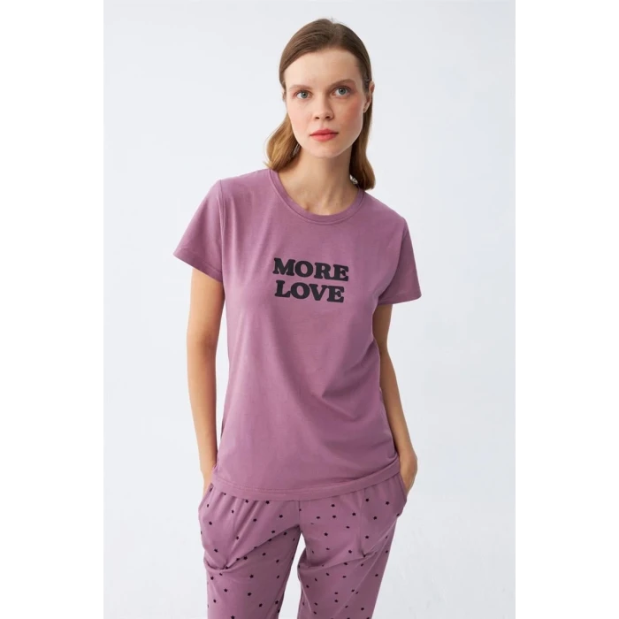 Giyim Kadın Mor Yıldız Desenli Penye Kısa Kol Pijama Takımı