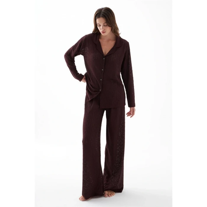 Giyim Kadın Mürdüm Önden Düğmeli Rahat Kesim Pijama Takımı – Günlük Ev Giyim Seti