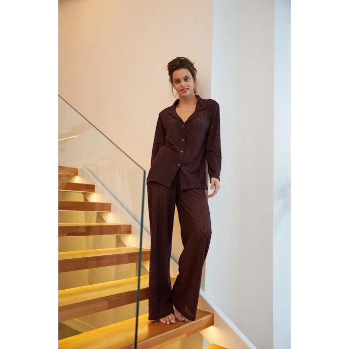 Giyim Kadın Mürdüm Önden Düğmeli Rahat Kesim Pijama Takımı – Günlük Ev Giyim Seti