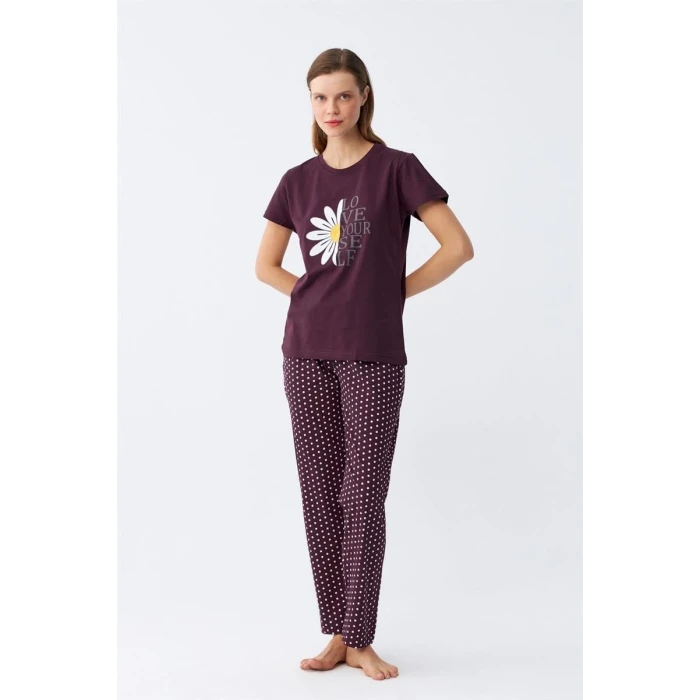 Giyim Kadın Mürdüm Papatya Baskılı Kısa Kollu Penye Pijama Takımı