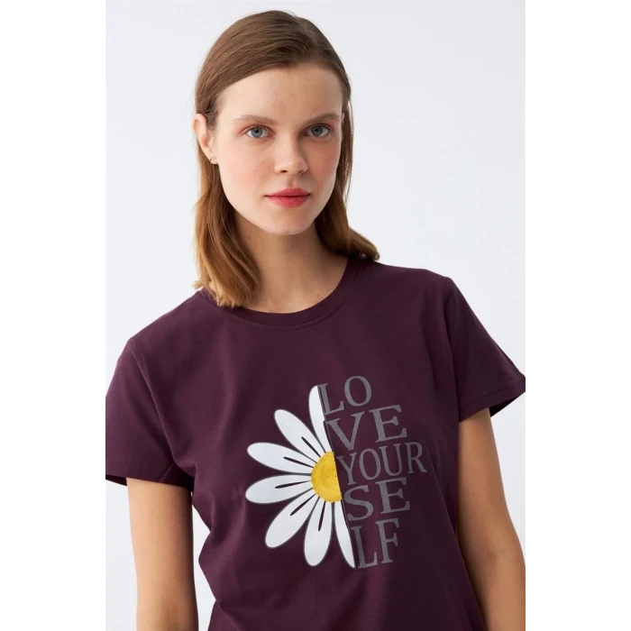 Giyim Kadın Mürdüm Papatya Baskılı Kısa Kollu Penye Pijama Takımı