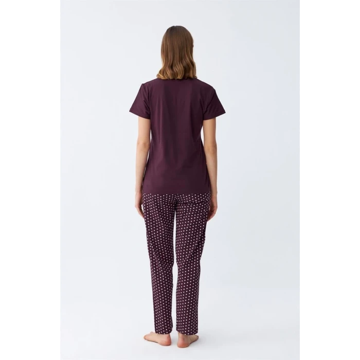 Giyim Kadın Mürdüm Papatya Baskılı Kısa Kollu Penye Pijama Takımı