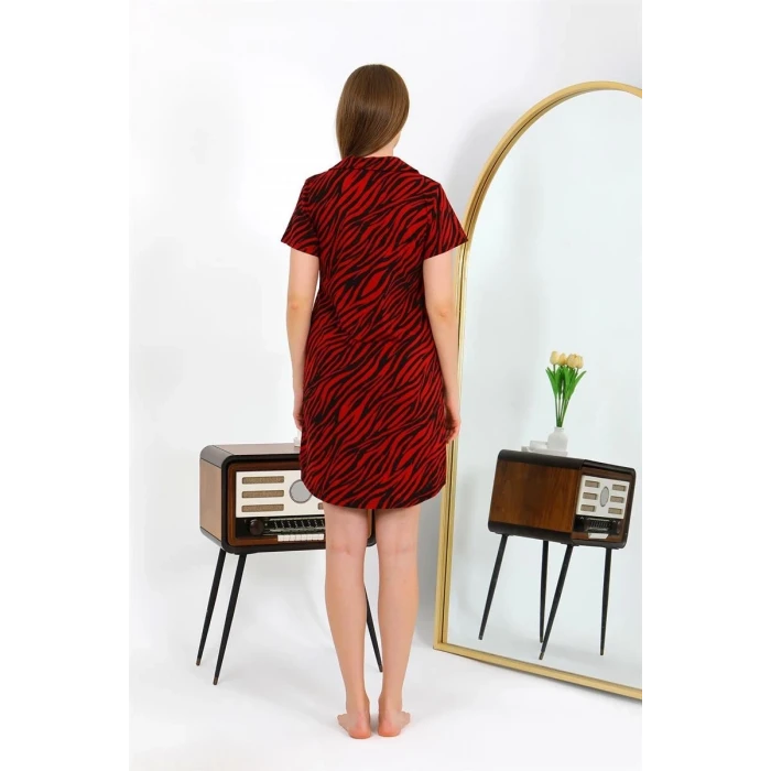 Giyim Kadın Pamuk Penye Kısa Kol Düğmeli Bordo Tunik Gecelik