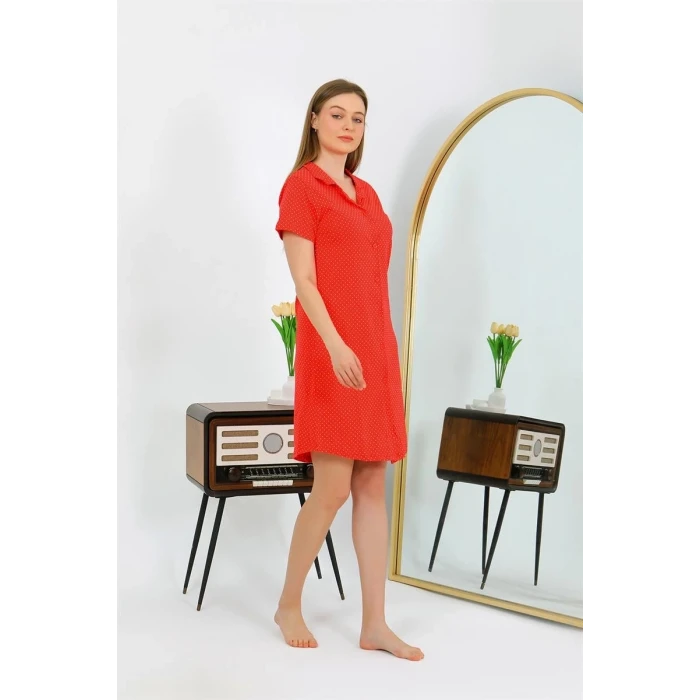 Giyim Kadın Pamuk Penye Kısa Kol Düğmeli Kırmızı Tunik Gecelik