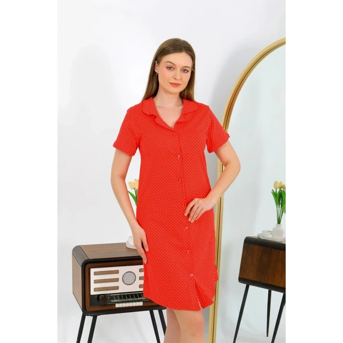 Giyim Kadın Pamuk Penye Kısa Kol Düğmeli Kırmızı Tunik Gecelik