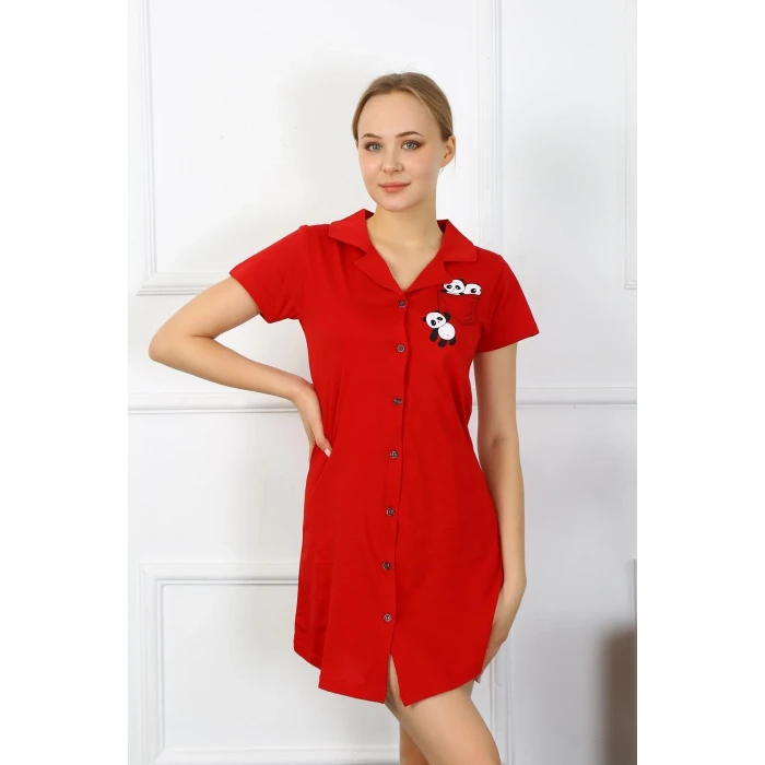 Giyim Kadın Pamuk Penye Kısa Kol Düğmeli Kırmızı Tunik Gecelik
