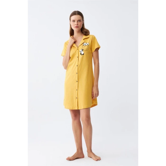 Giyim Kadın Pamuk Penye Kısa Kol Düğmeli Sarı Tunik Gecelik