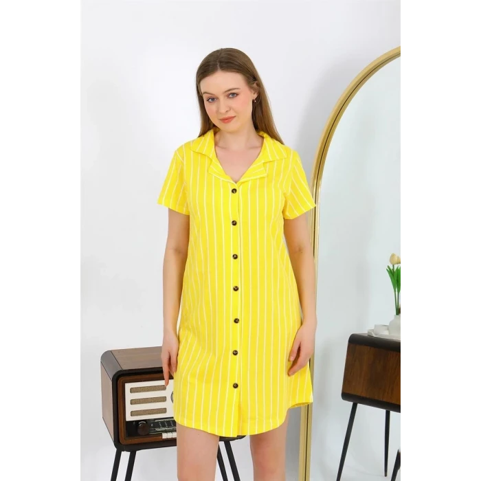 Giyim Kadın Pamuk Penye Kısa Kol Düğmeli Sarı Tunik Gecelik