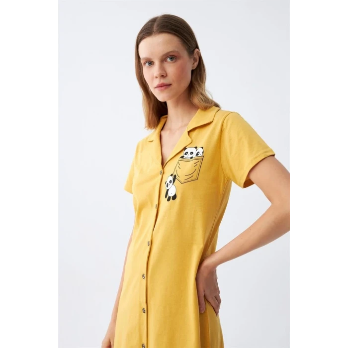 Giyim Kadın Pamuk Penye Kısa Kol Düğmeli Sarı Tunik Gecelik