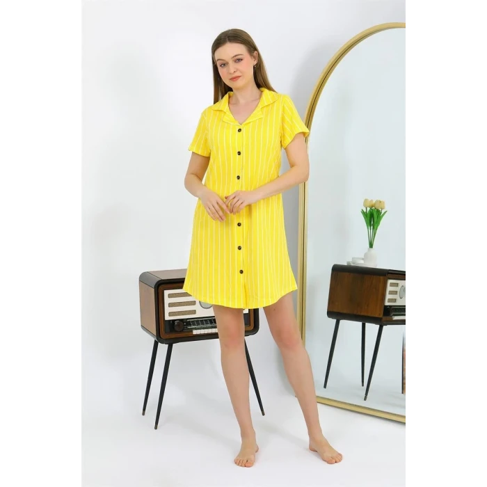 Giyim Kadın Pamuk Penye Kısa Kol Düğmeli Sarı Tunik Gecelik