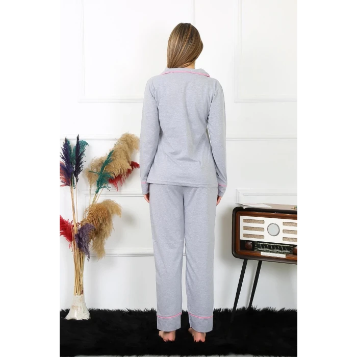 Giyim Kadın Pamuk Penye Önden Düğmeli Uzun Kol Gri Pijama Takım