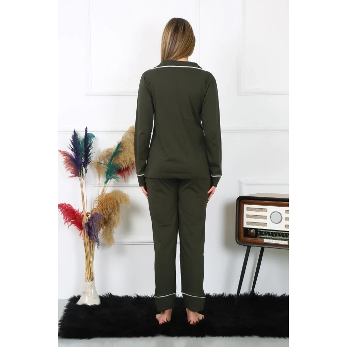 Giyim Kadın Pamuk Penye Önden Düğmeli Uzun Kol Haki Pijama Takım