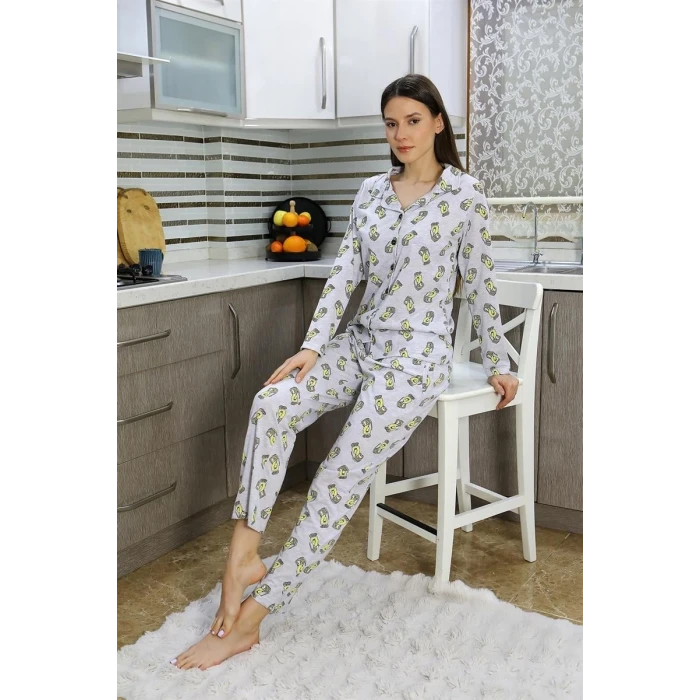 Giyim Kadın Pamuk Penye Önden Düğmeli Uzun Kol Pijama Takım Gri