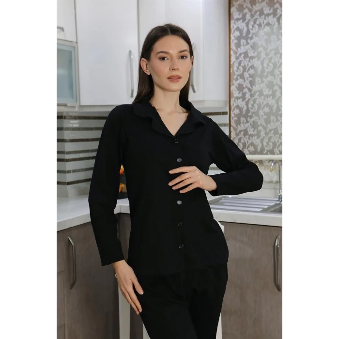 Giyim Kadın Pamuk Penye Önden Düğmeli Uzun Kol Pijama Takım Siyah