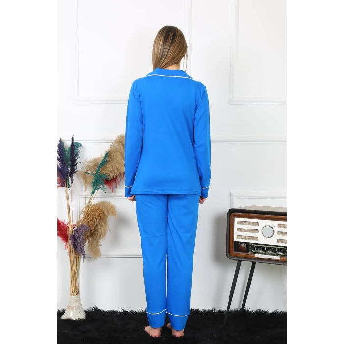 Giyim Kadın Pamuk Penye Önden Düğmeli Uzun Kol Saks Pijama Takım