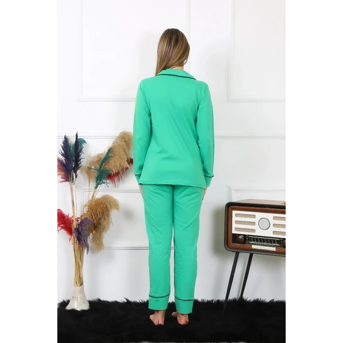 Giyim Kadın Pamuk Penye Önden Düğmeli Uzun Kol Yeşil Pijama Takım
