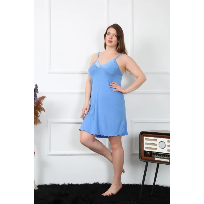 Giyim Kadın Pamuklu Mavi İp Askılı Büyük Beden Gecelik