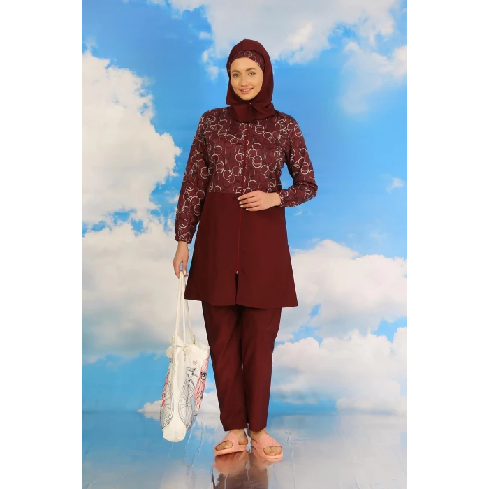 Giyim Kadın Pantolonlu Desenli Tam Tesettür Mayo Bordo