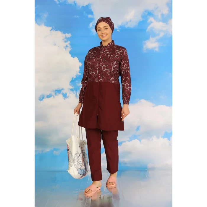 Giyim Kadın Pantolonlu Desenli Tam Tesettür Mayo Bordo