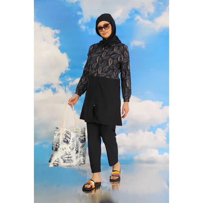 Giyim Kadın Pantolonlu Desenli Tam Tesettür Mayo Lacivert