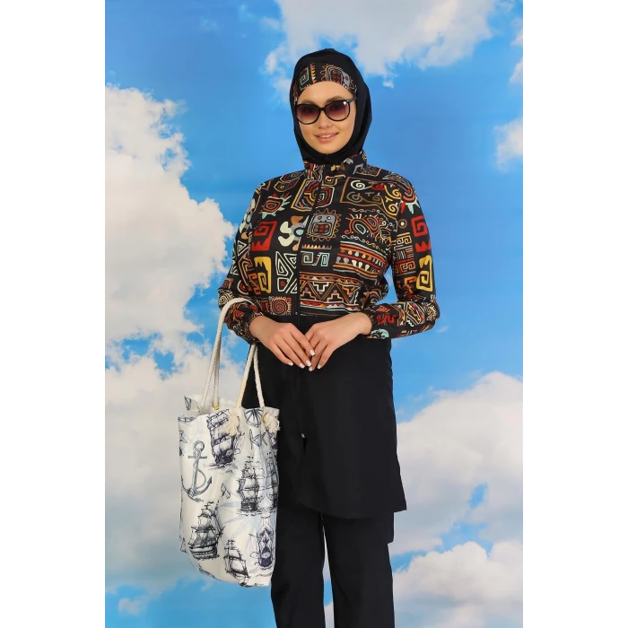 Giyim Kadın Pantolonlu Desenli Tam Tesettür Mayo Lacivert