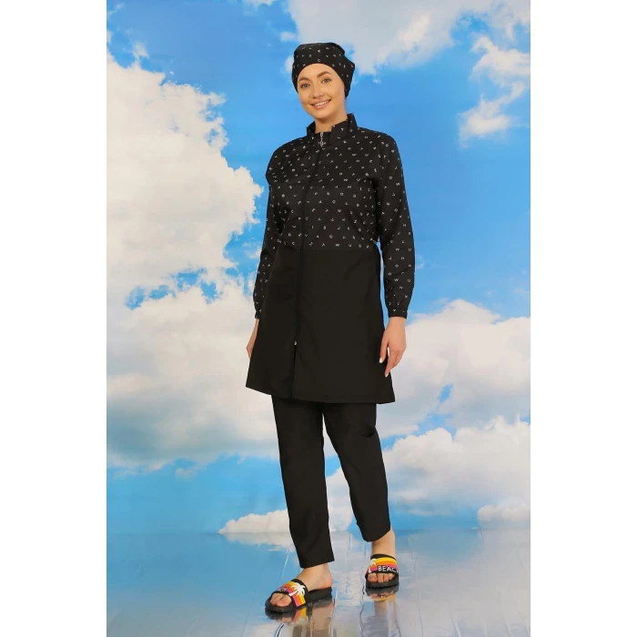 Giyim Kadın Pantolonlu Desenli Tam Tesettür Mayo Siyah